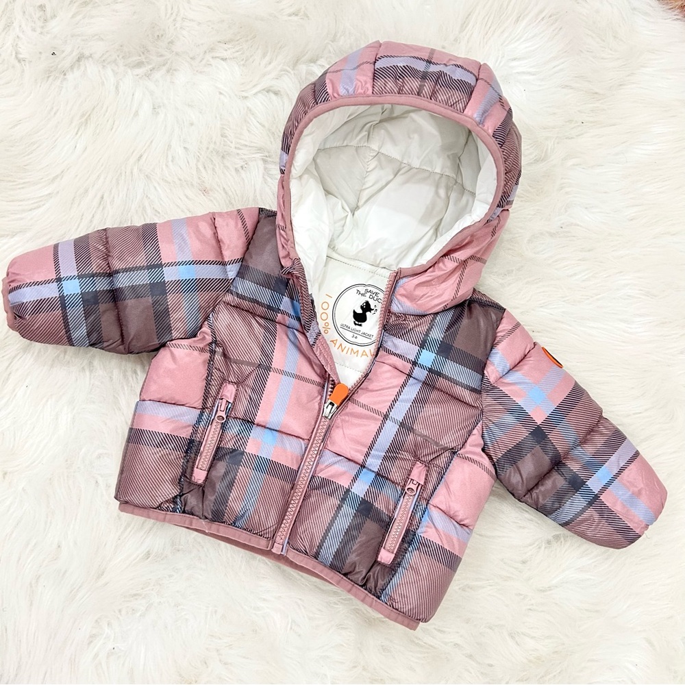 SAVE THE DUCK Pink and Gray Plaid Puffer Jacket